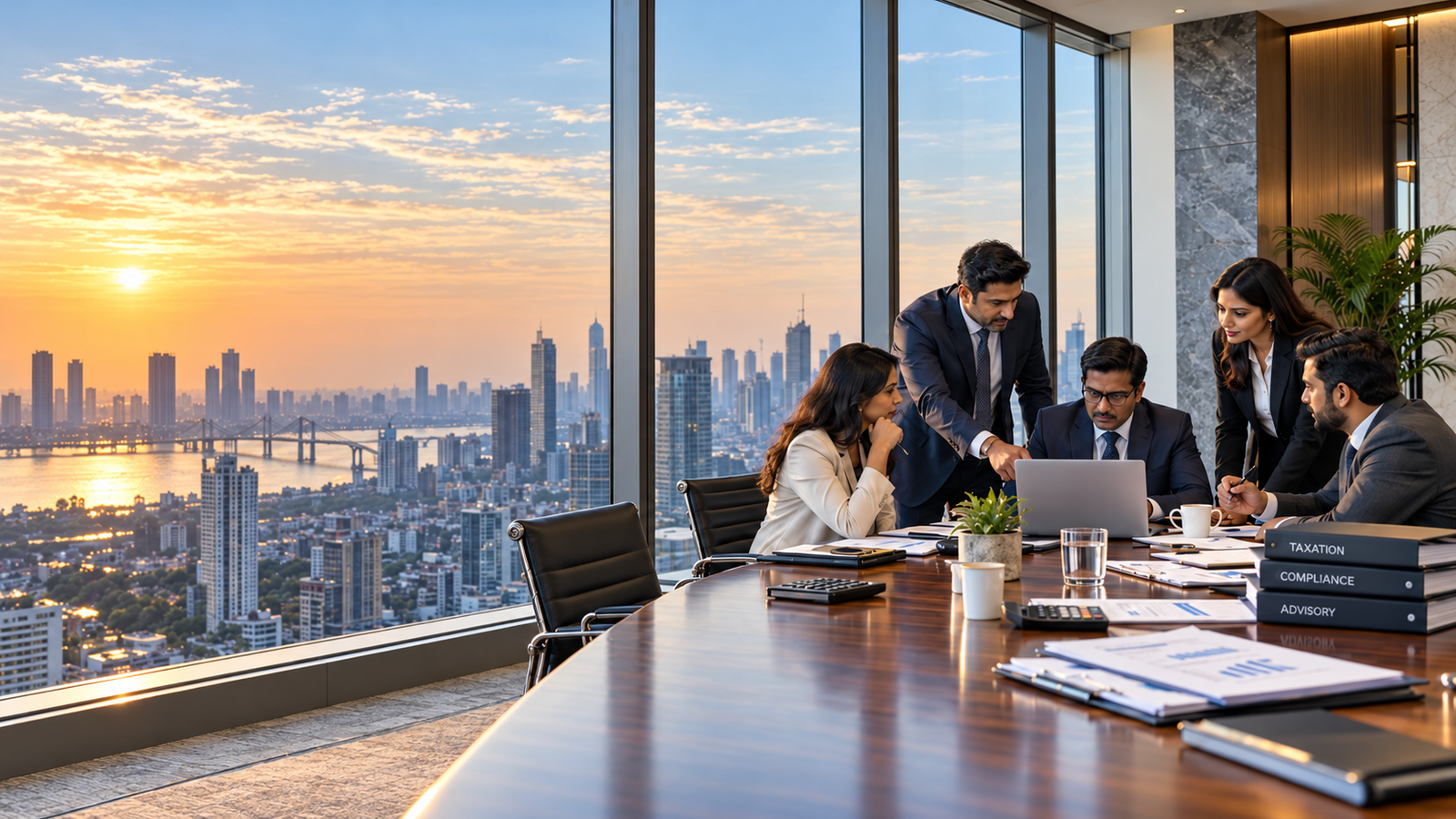 Tax and financial advisors working together in an office overlooking the city at sunset